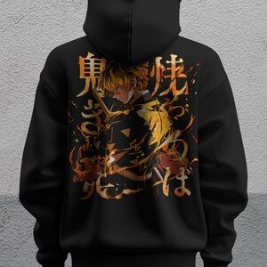 Zenitsu Anime-Inspired Black Hoodie Demon Slayer Unisex Cotton Pullover